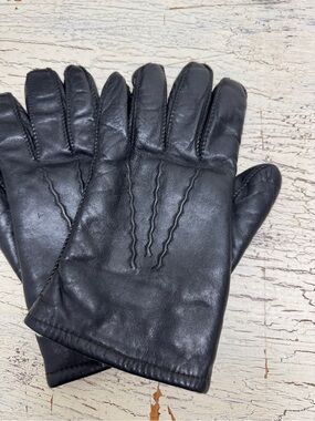 Black Leather Rabbit Fur Lined Gloves Size 10 Med